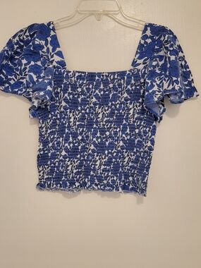 Japna Blue & White Smocked Floral Puff-Sleeve Crop Top